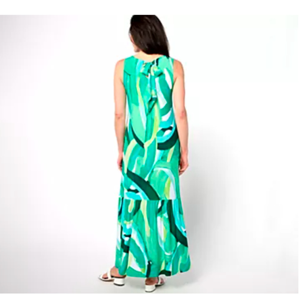 Susan Graver Regular Printed Liquid Knit A-Line Back Tie Maxi Dress Size Large - Picture 2 of 4